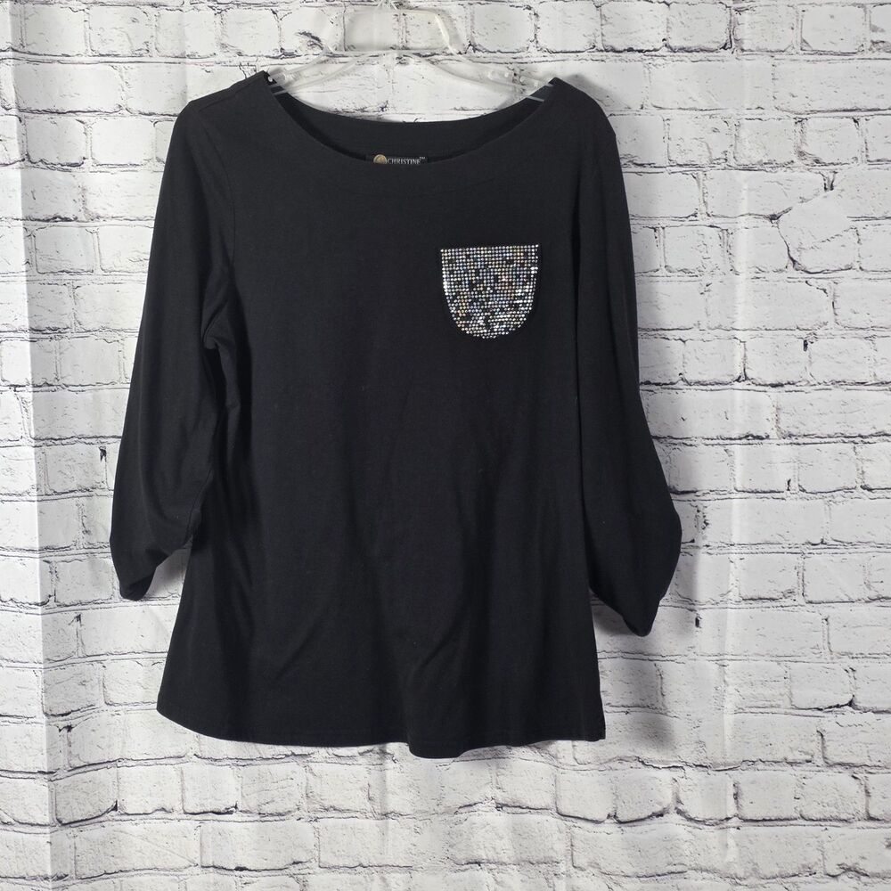 CHRISTINE ALEXANDER Women's Large Black W/ Rhinestones Short Sleeve Shirt